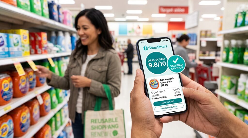 Hands holding a smartphone showing verified savings score in a retail store