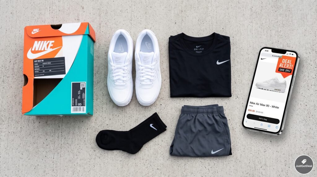 Nike apparel, sneakers, and smartphone displaying online savings guide on JustGetDeal