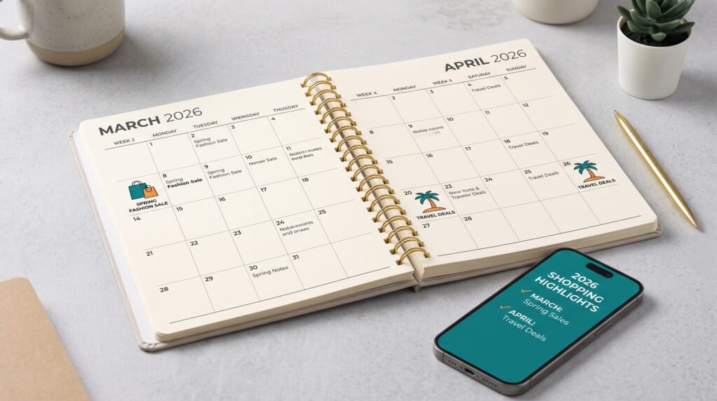 Open 2026 shopping calendar planner and smartphone showing annual deals highlights
