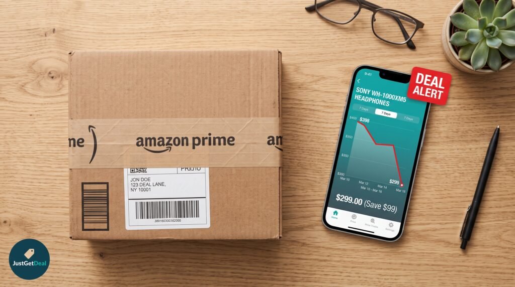 Amazon shipping box and smartphone displaying price tracking chart and deal alert