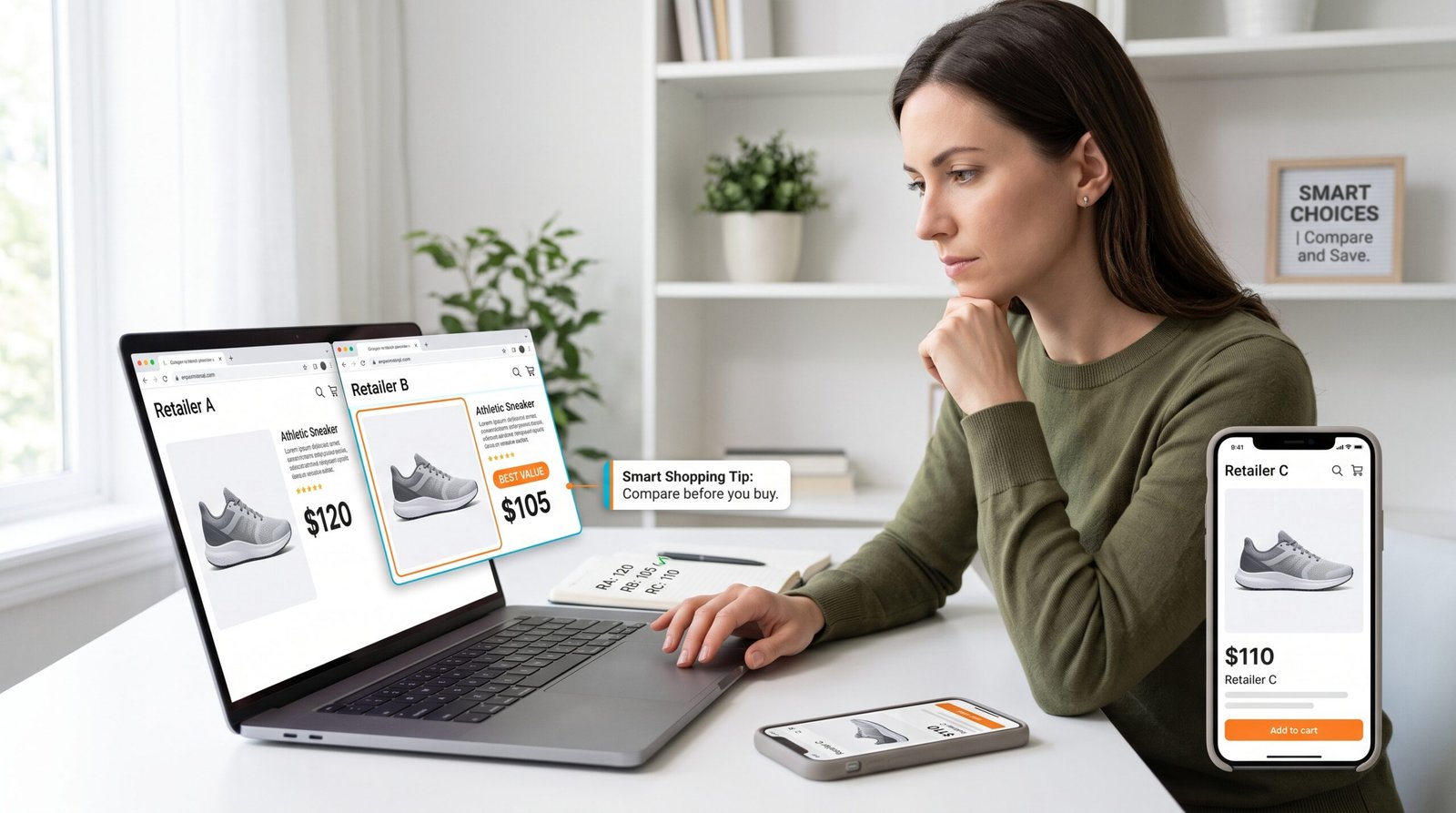 Shopper comparing sneaker prices across retailers before buying