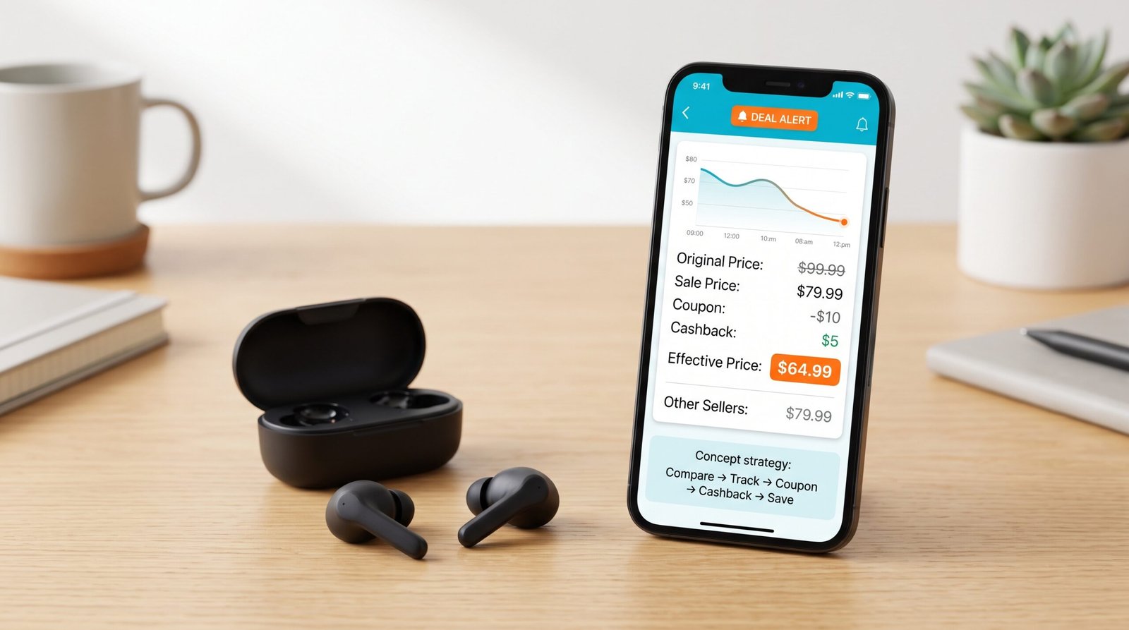 Shopper using price tracking, coupons and savings strategies to reduce the cost of wireless earbuds