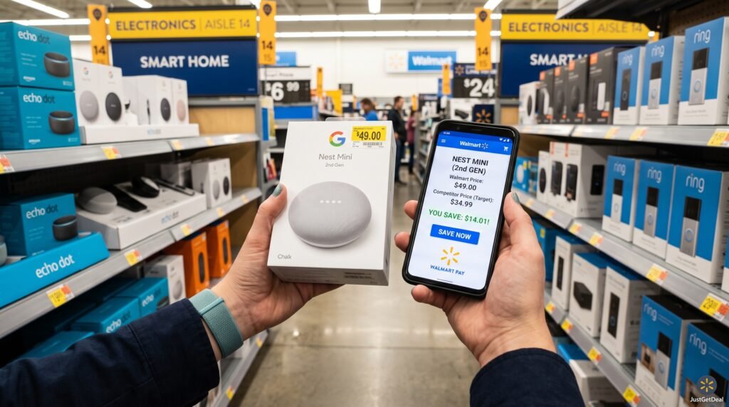 Shopper in a retail store aisle checking mobile app prices for Walmart savings guide