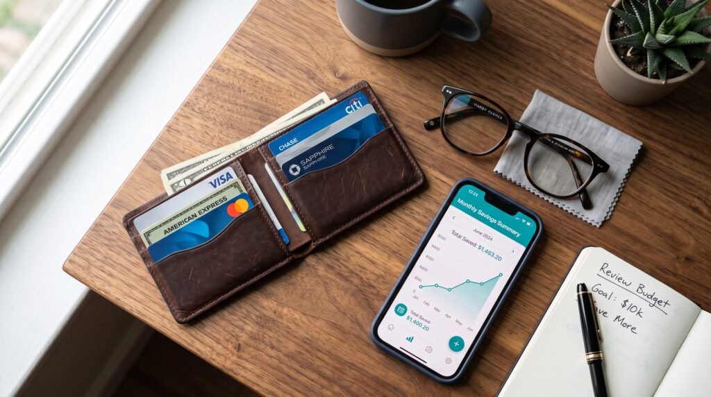 Wallet, reading glasses, and smartphone displaying monthly savings summary on a desk