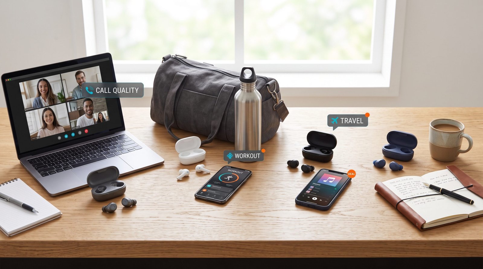 Wireless earbuds shown in different everyday lifestyle and shopping situations
