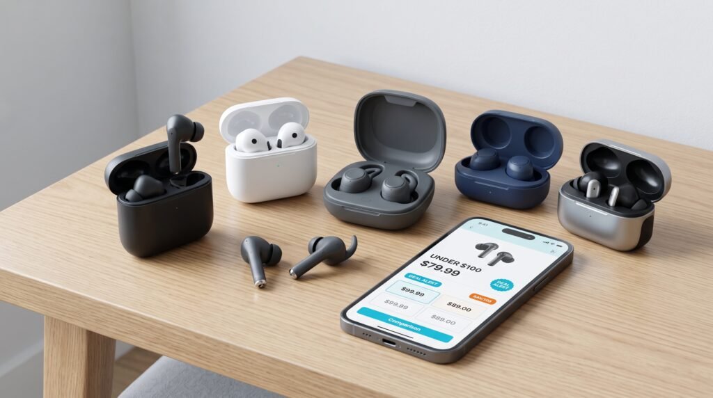 Various budget wireless earbud cases on a wooden desk next to a smartphone displaying a price deal screen