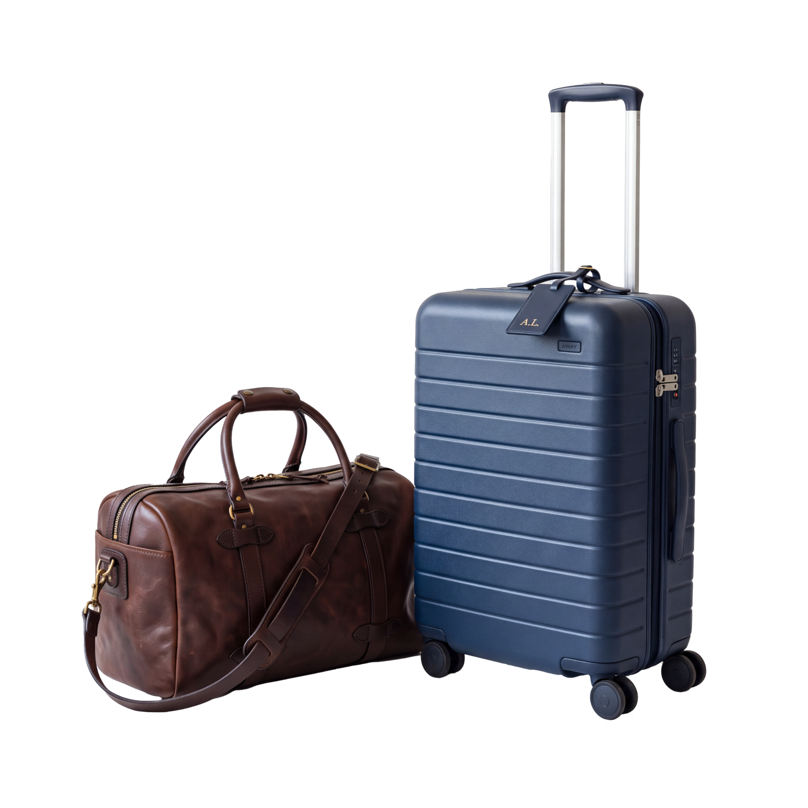 JustGetDeal Travel and Hotels Deals category icon featuring a navy blue hardshell suitcase and brown leather duffel bag