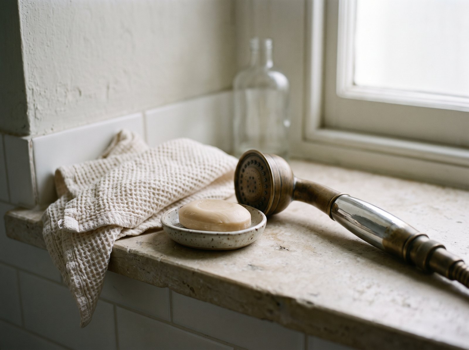 Brass shower handset on a stone shelf beside a folded soft cloth and a small dish of mild soap
