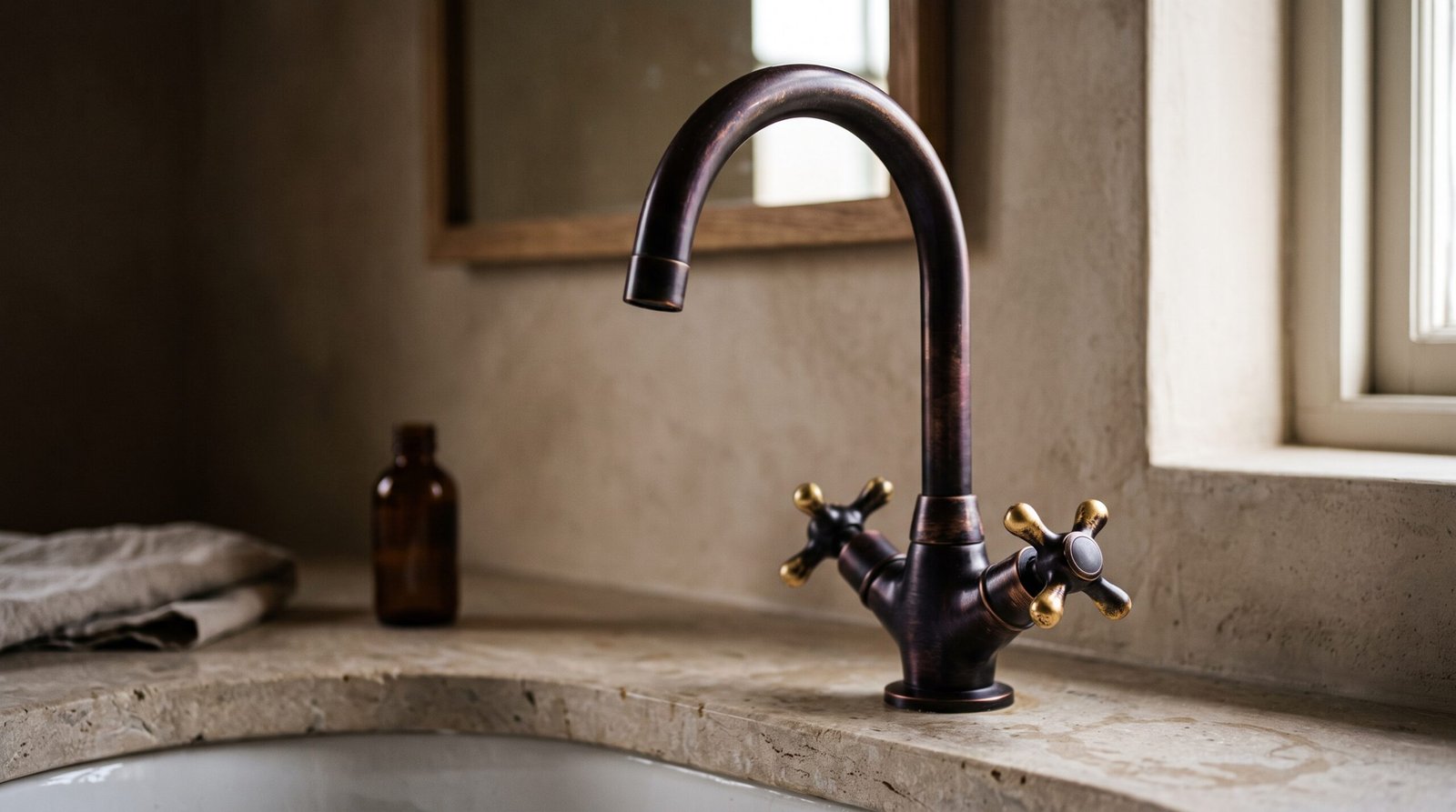 Dark oil rubbed bronze gooseneck tap with brass showing through at the handles