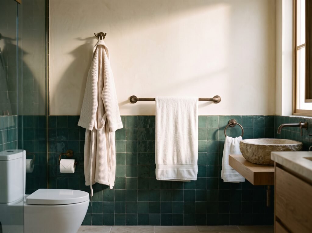 Unlacquered brass towel bar, towel ring, robe hook and toilet paper holder mounted on one bathroom wall