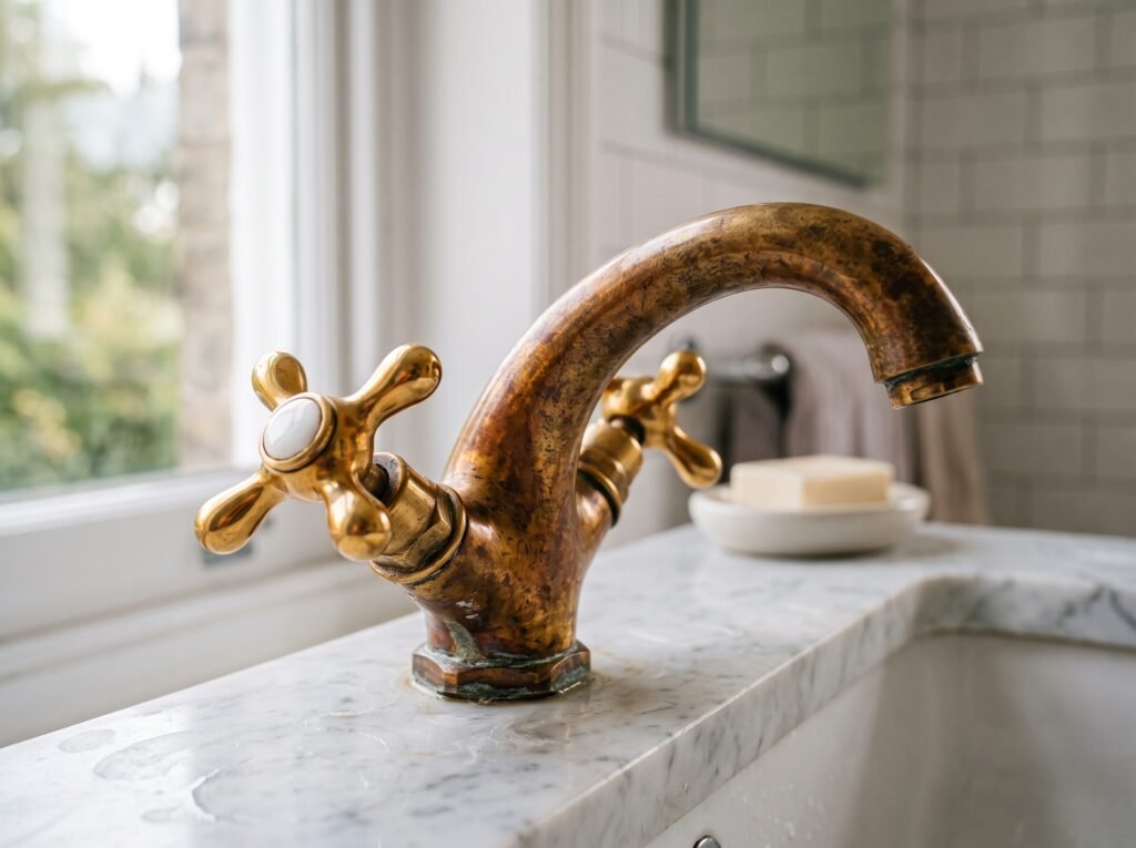 Unlacquered brass basin tap with cross handles, bright gold on the handles and darker brown patina around the spout
