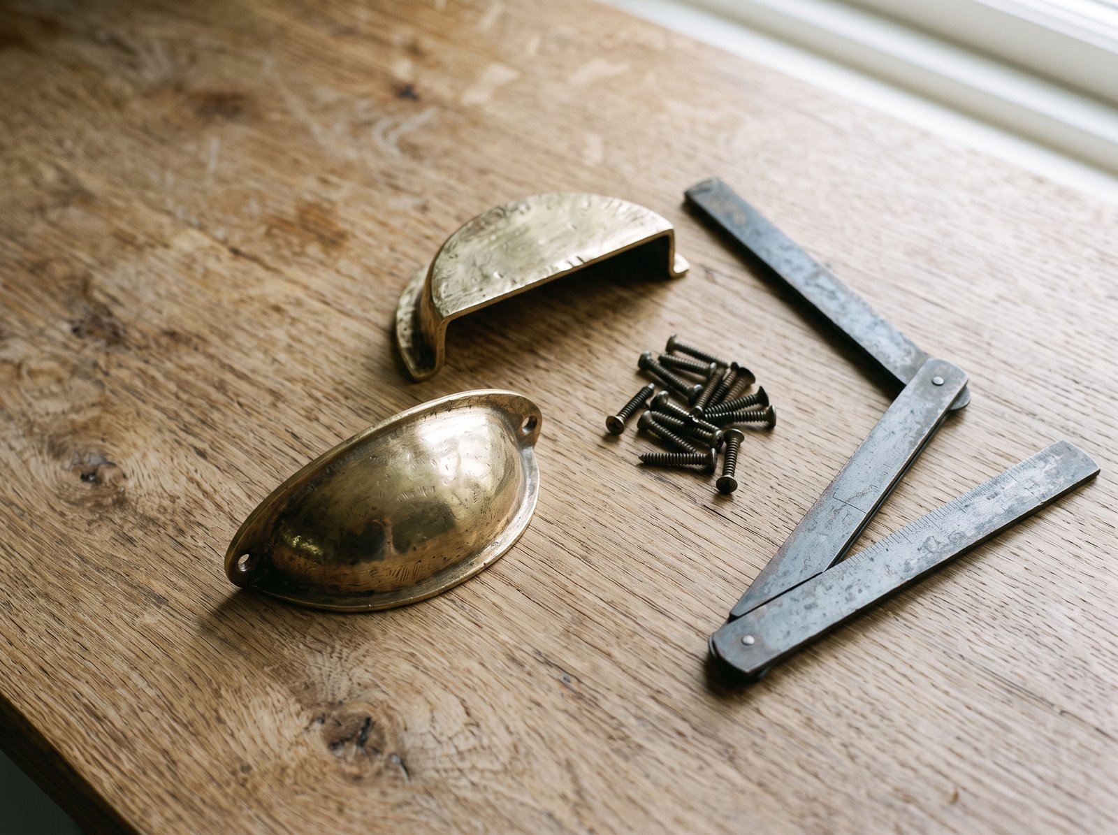 Two handmade unlacquered brass cabinet pulls on an oak worktop beside a folding rule and a few brass screws