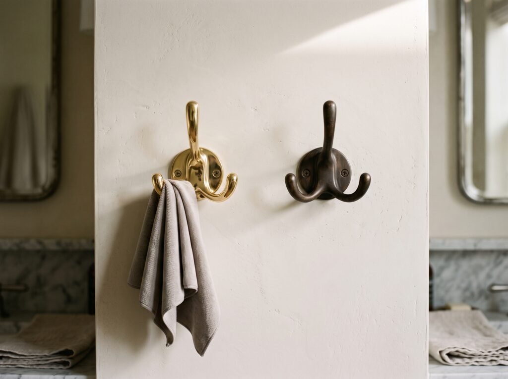 Two brass double robe hooks on a plaster wall, one polished bright with a cloth hanging from it and one with a dark aged patina