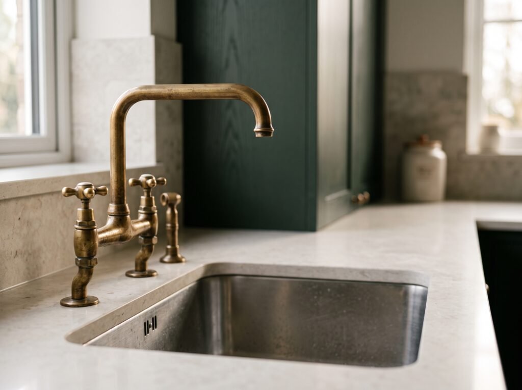 Unlacquered brass bridge kitchen faucet with cross handles above a brushed stainless steel sink in a dark green kitchen