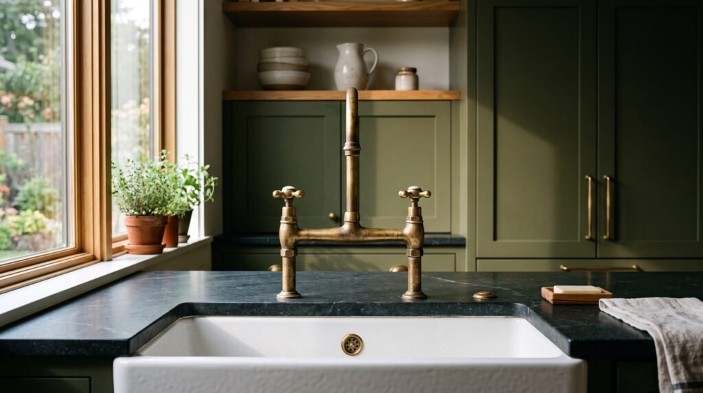 Unlacquered brass bridge faucet with cross handles above a white farmhouse sink in a green kitchen