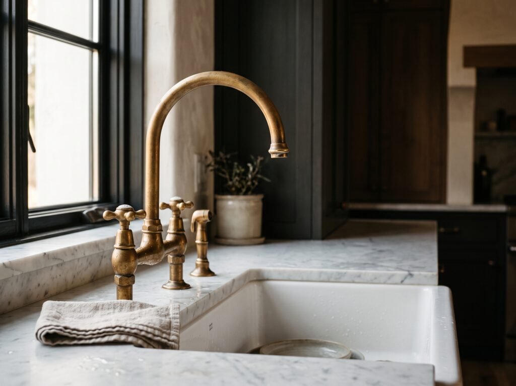 Unlacquered brass bridge faucet with a soft patina on a marble counter beside a linen cloth