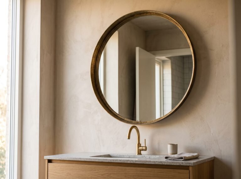 Round unlacquered brass framed mirror hanging above a bathroom vanity with a brass tap below it