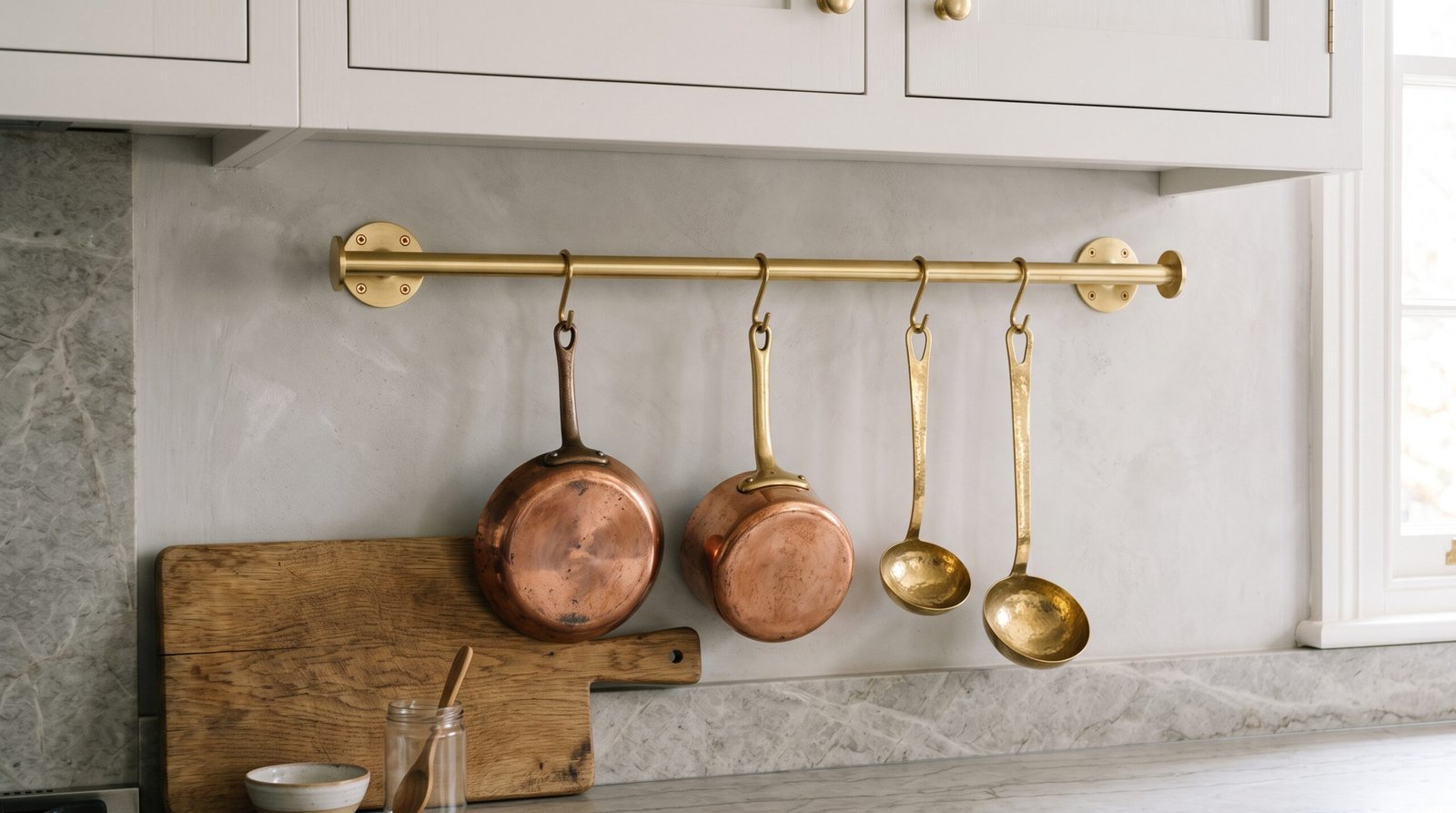 Brass wall rail with copper pans and brass ladles on S hooks under kitchen wall cabinets
