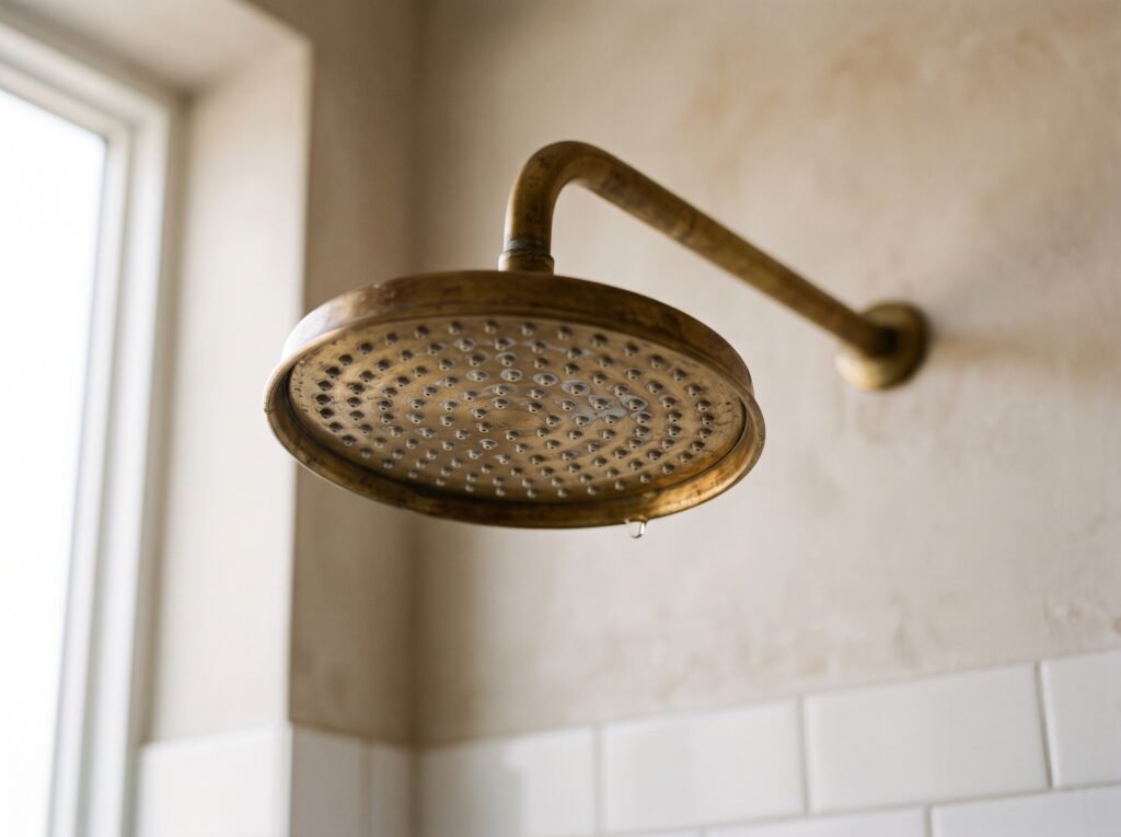 Unlacquered brass rain shower head on an exposed arm, aged warm brown with pale mineral marks around the spray holes