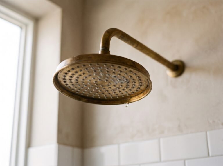 Unlacquered brass rain shower head on an exposed arm, aged warm brown with pale mineral marks around the spray holes