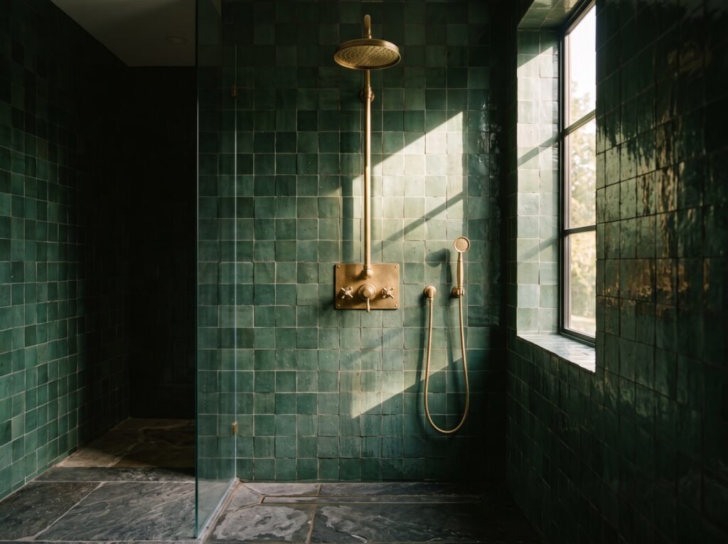 Unlacquered brass exposed shower system with a rain head and handheld shower on green zellige tile