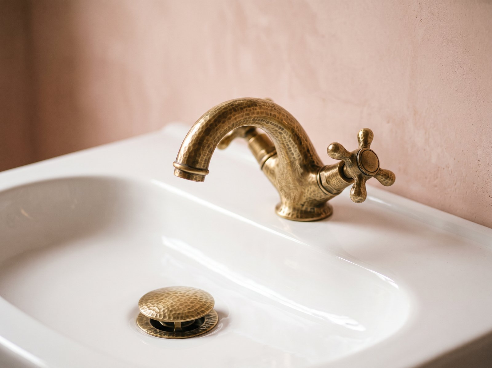 Close view of an unlacquered brass bathroom tap above a white basin with a matching brass drain