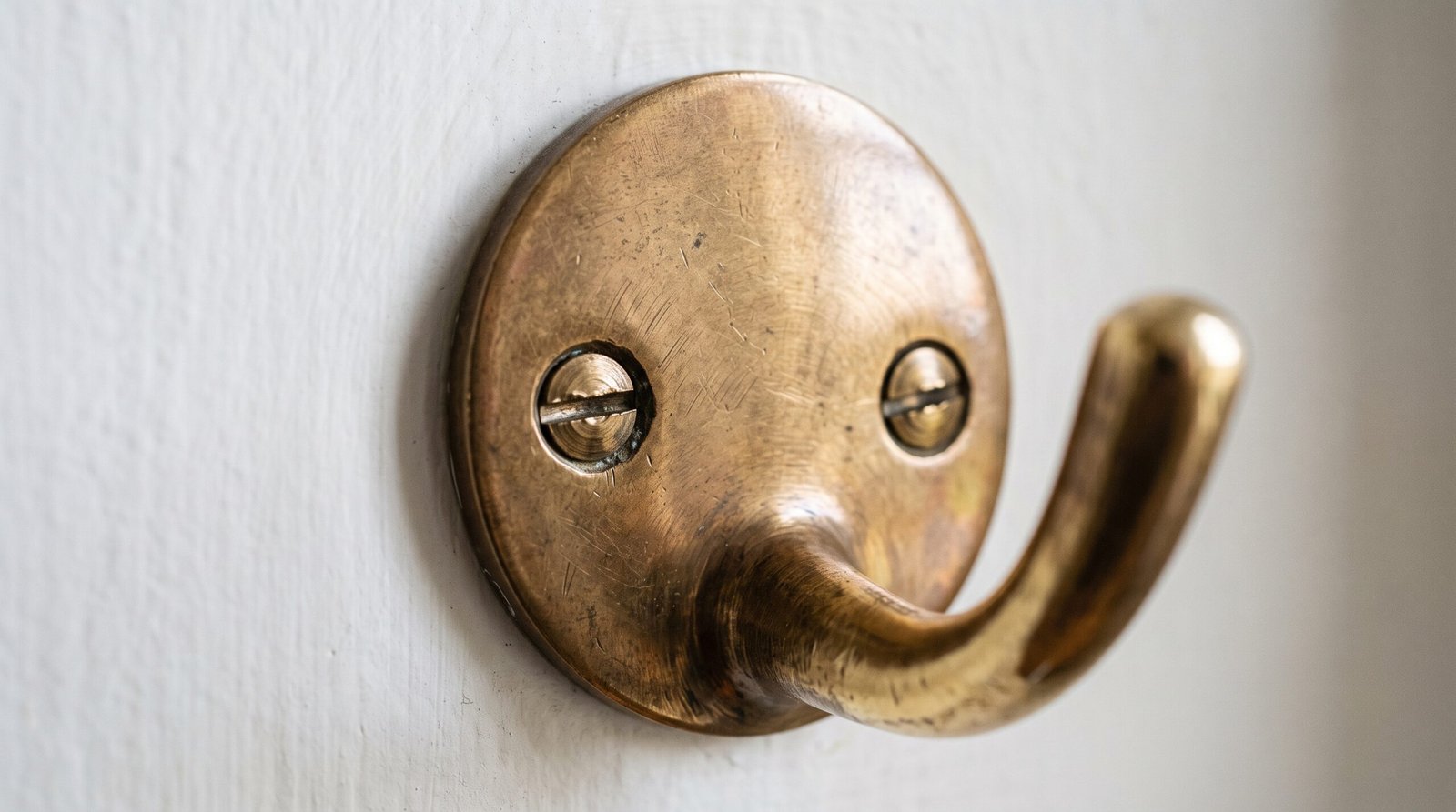 Close view of the round backplate of a solid brass wall hook, with two brass screws holding it to a painted wall