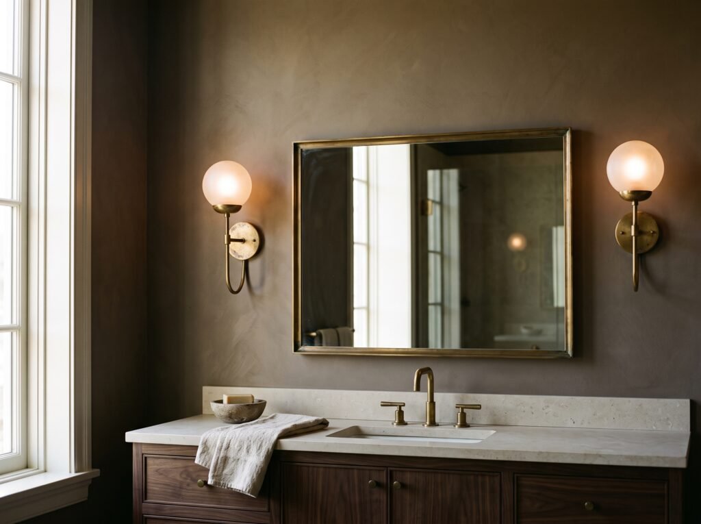 Pair of slim brass tube wall sconces mounted at eye level either side of a bathroom mirror