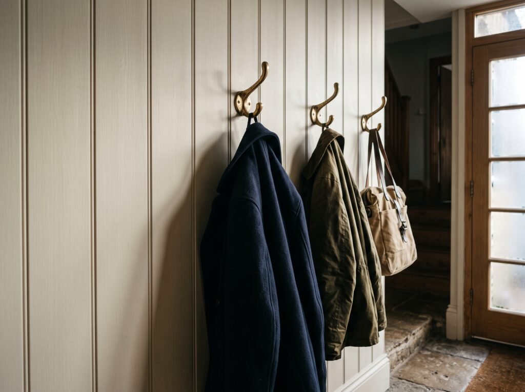Three solid unlacquered brass wall hooks on a panelled hallway wall, loaded with two winter coats and a canvas bag