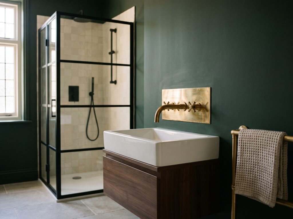 Bathroom with an unlacquered brass tap and matte black shower fittings against a deep green wall