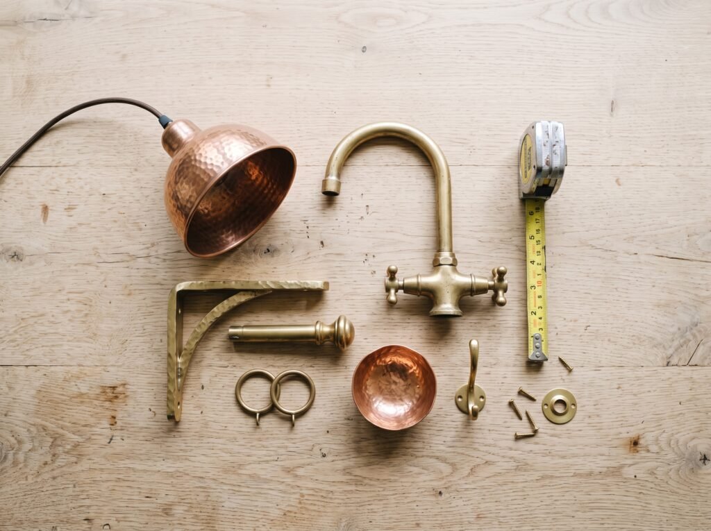 Handmade copper and brass fixtures laid out on an oak table beside a tape measure