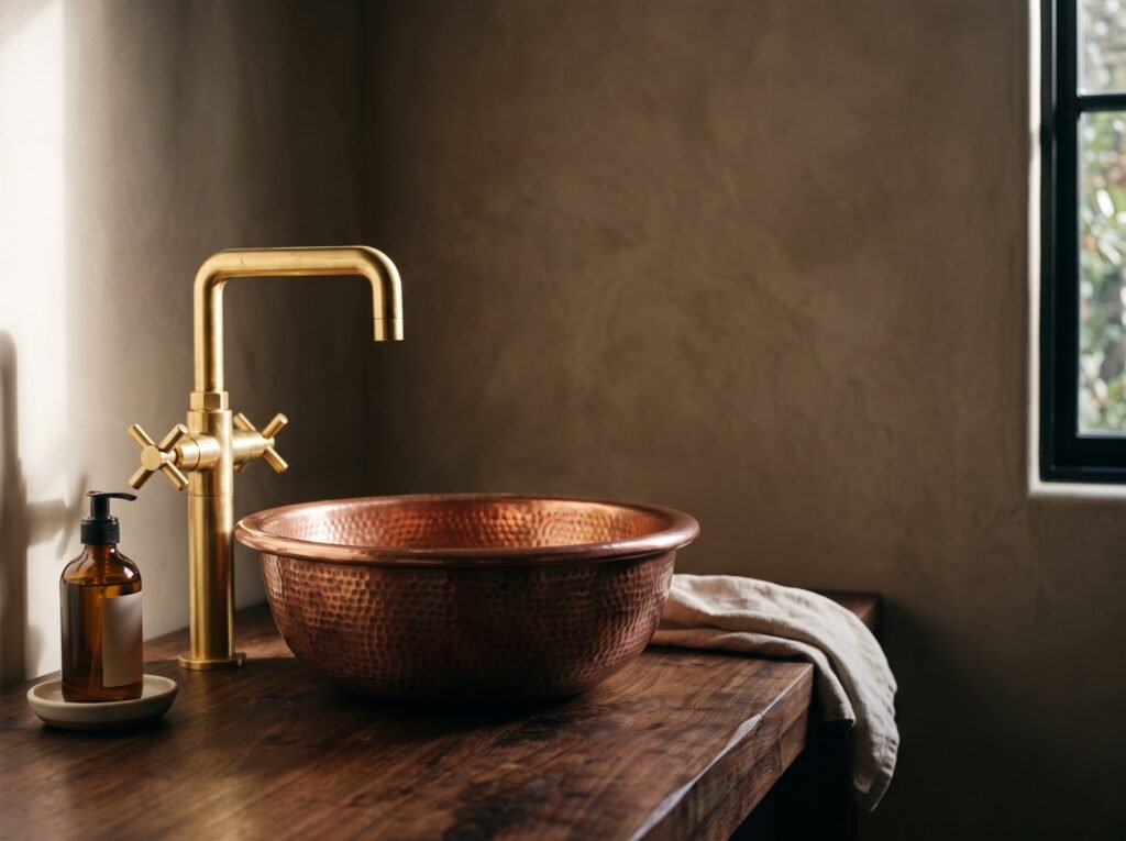 Hammered copper vessel basin beside a polished unlacquered brass tap on a wooden vanity