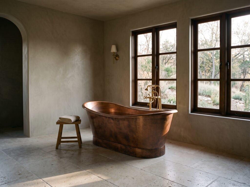 Hammered copper double slipper bathtub with a brass floor-mounted tub filler in a limestone bathroom