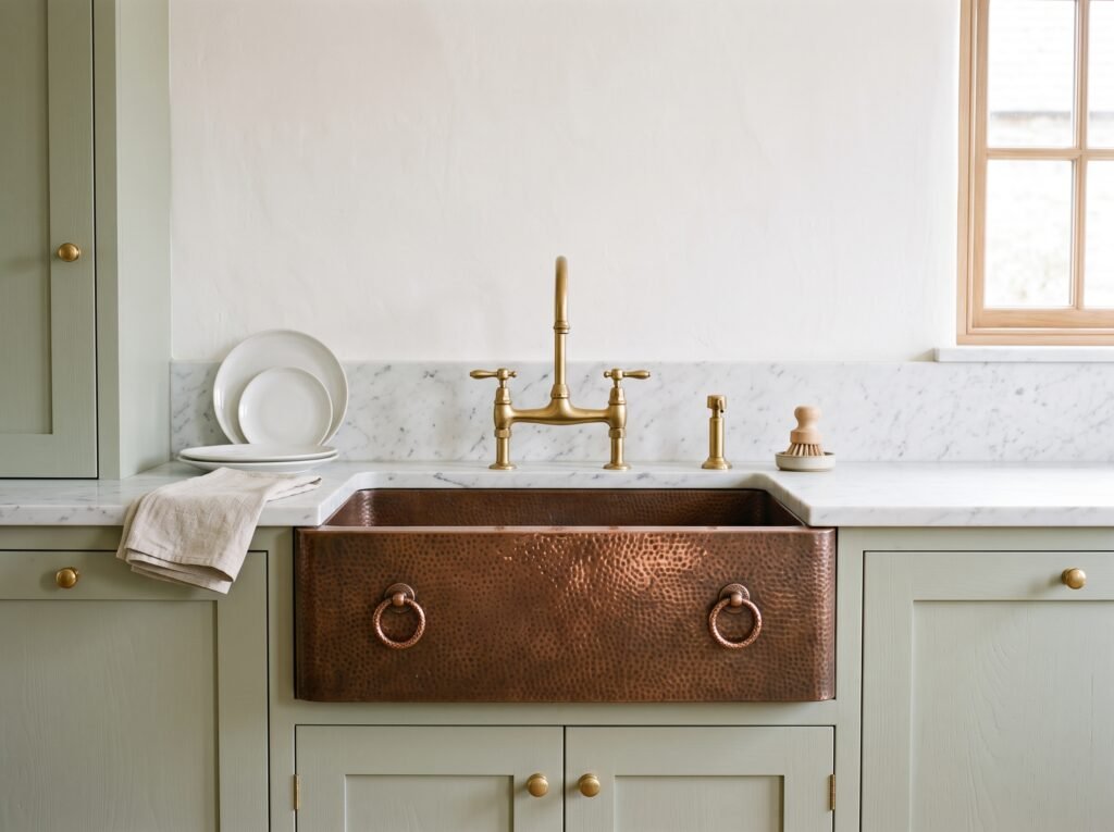 Hammered copper farmhouse sink set under a marble countertop, its apron standing slightly proud of cream shaker cabinets