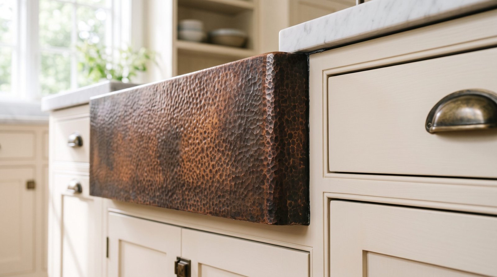 Hammered copper farmhouse sink set under a marble countertop, its apron standing slightly proud of cream shaker cabinets