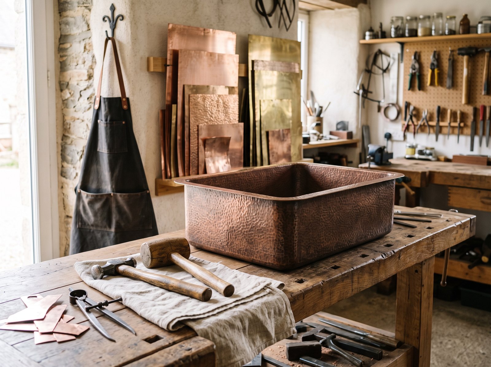 Hammered copper sink on a workshop bench beside hand tools, a leather apron and sheets of copper