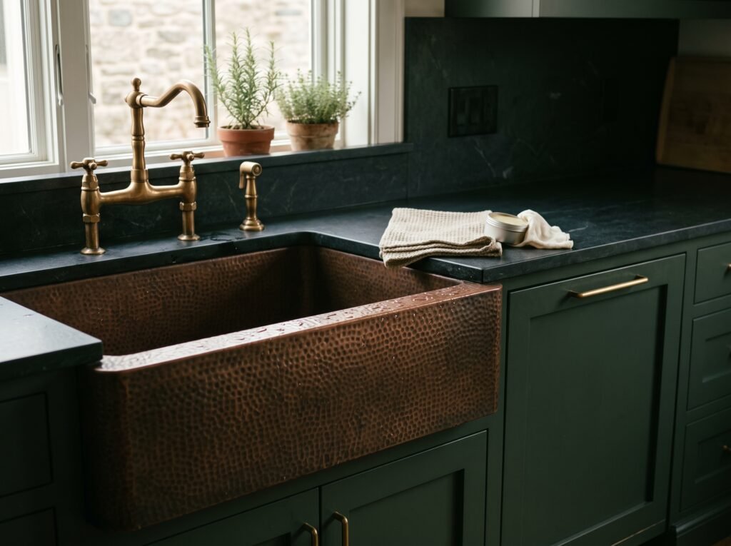 Hammered copper farmhouse sink with a linen towel, a cloth and a tin of wax on a dark stone counter