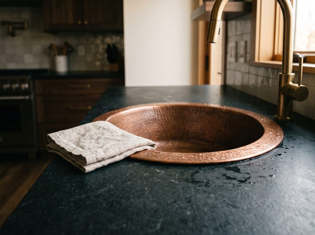 Hammered copper sink with water beading on the rim and a linen towel draped over it