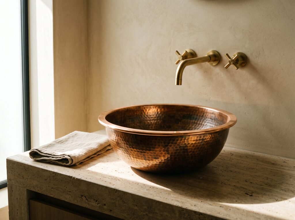Round hammered copper vessel sink with a brass wall faucet on a travertine vanity, lit from the side