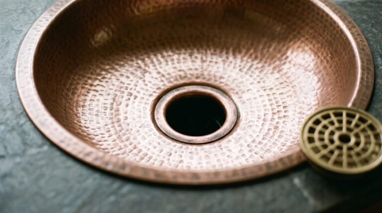 Hammered copper vessel sink sitting on a low wood vanity with a tall unlacquered brass faucet arcing over the rim