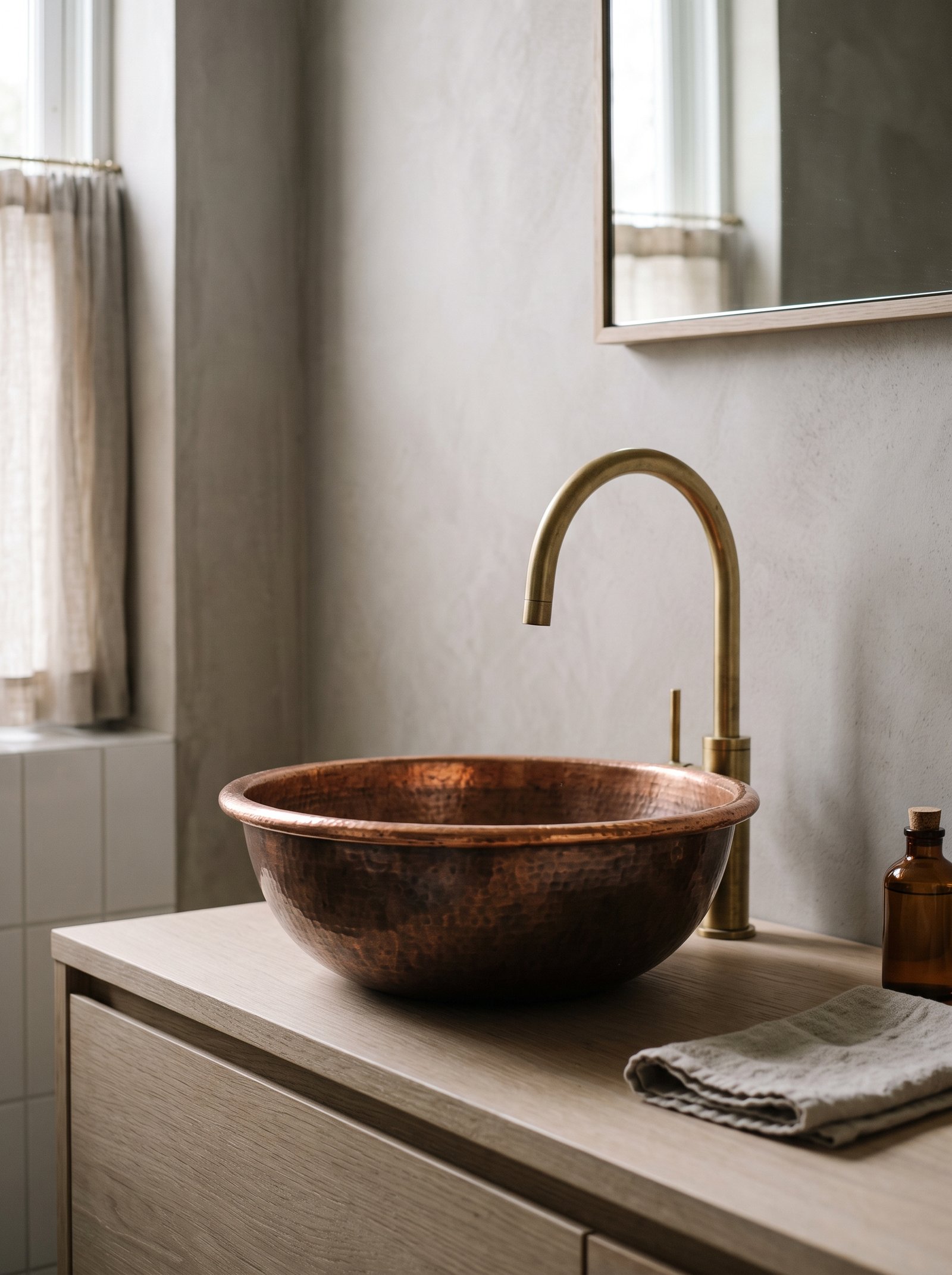 Hammered copper vessel sink sitting on a low wood vanity with a tall unlacquered brass faucet arcing over the rim