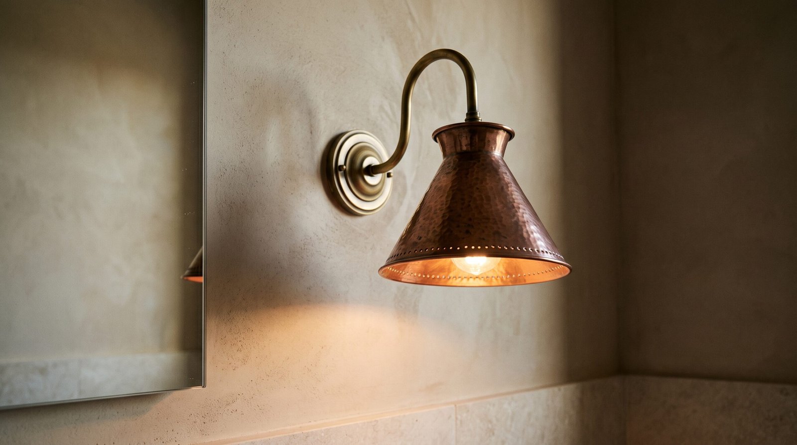 Hammered copper cone sconce on a brass gooseneck arm mounted beside a bathroom mirror