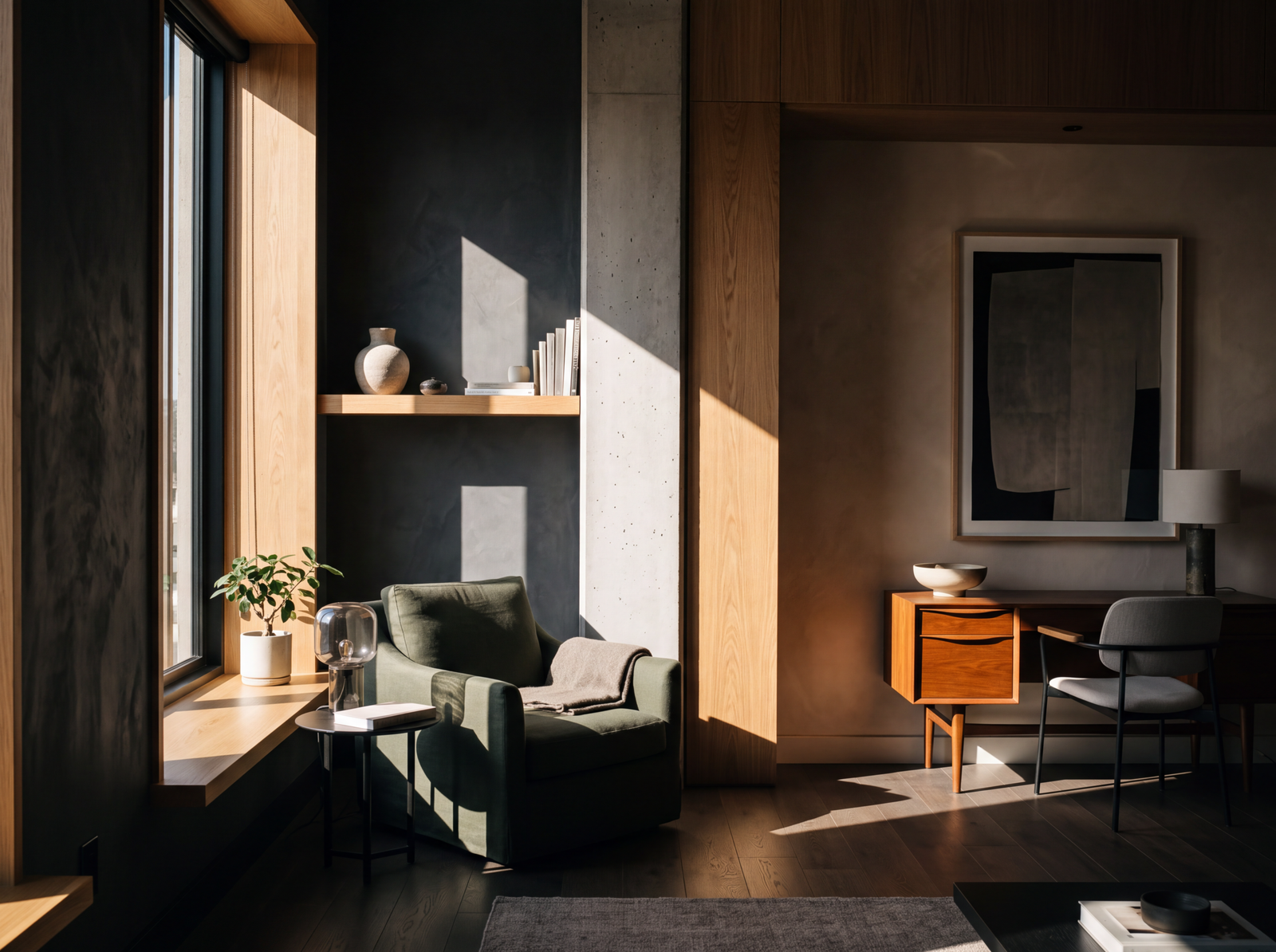 Quiet sunlit reading corner with a green armchair, oak wall panelling and a writing desk beside a tall window