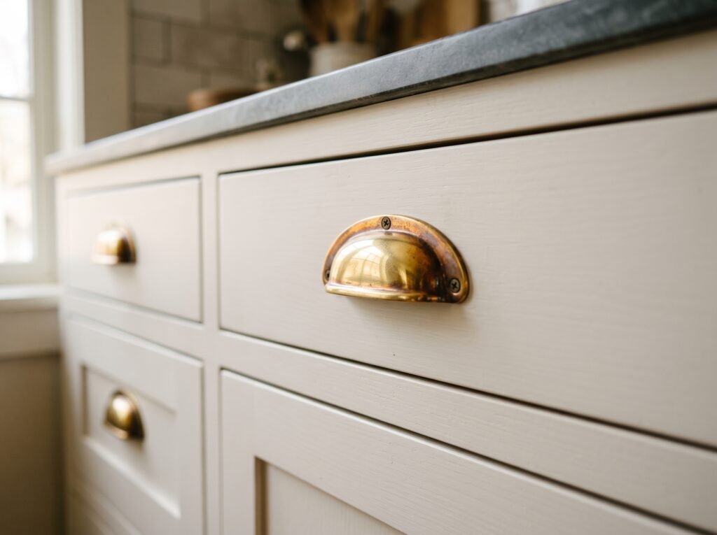 Handmade unlacquered brass cup pulls on painted shaker kitchen drawers, bright where thumbs grip and darker around the edges
