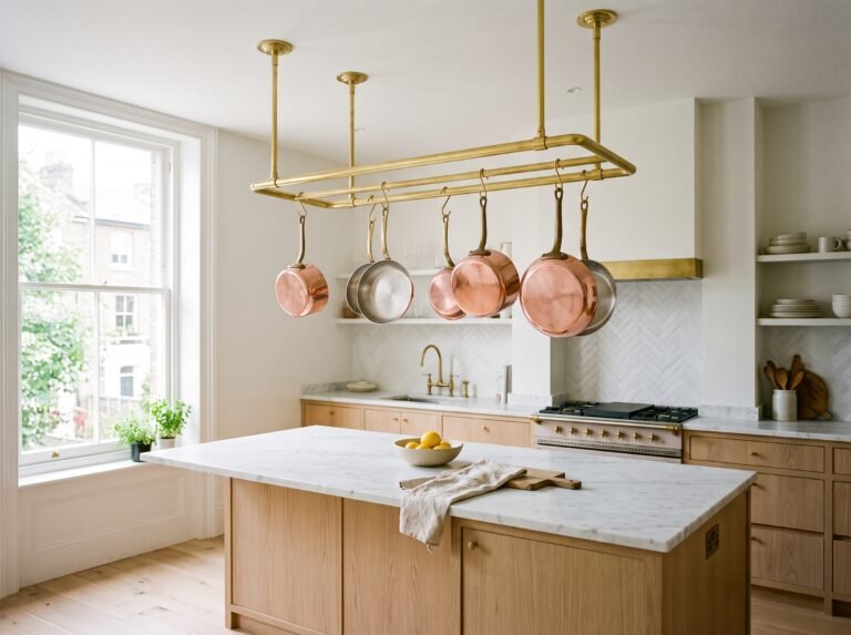 Unlacquered brass ceiling pot rack with copper pans hanging above a marble kitchen island