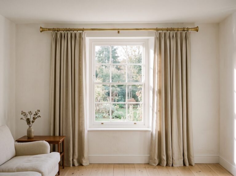 Unlacquered brass curtain rod with brass rings and linen curtains, mounted above and beyond a tall living room window