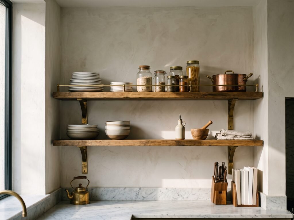 Oak open shelves on unlacquered brass brackets with a brass gallery rail above a marble kitchen counter
