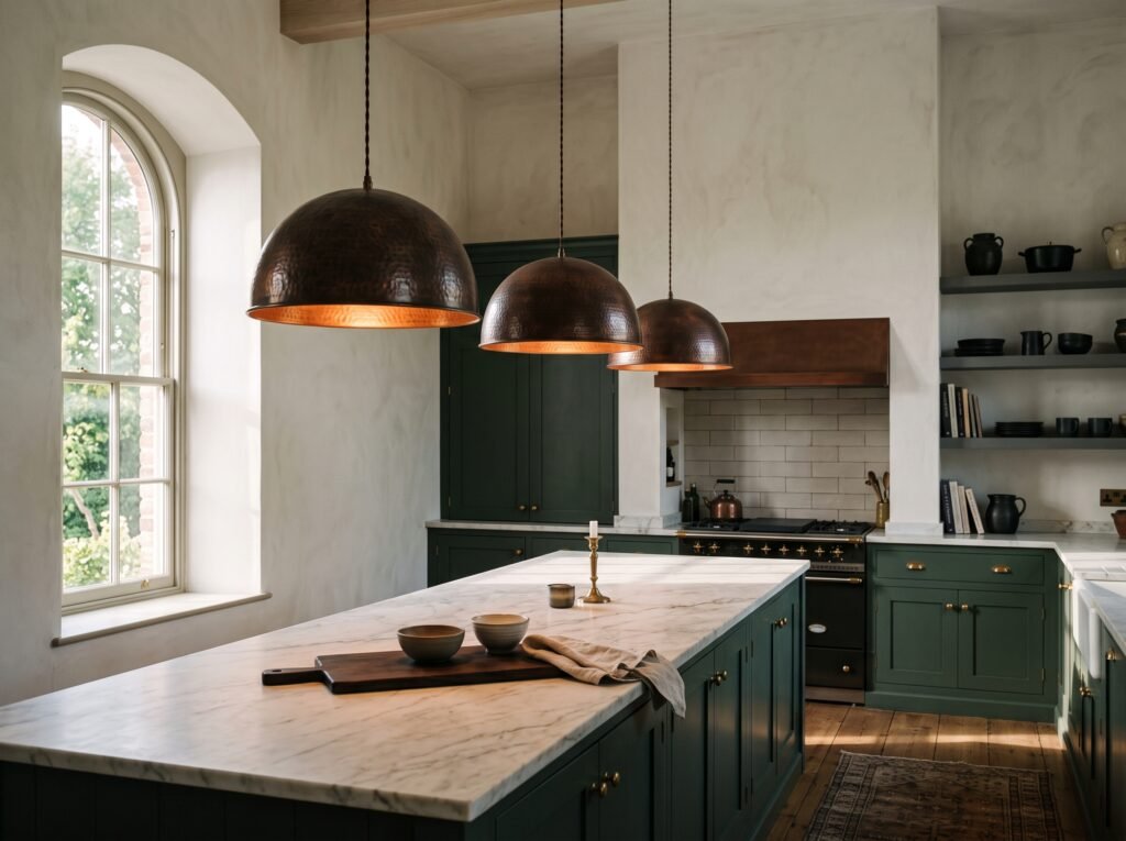 Three hammered copper dome pendant lights in a row over a marble kitchen island