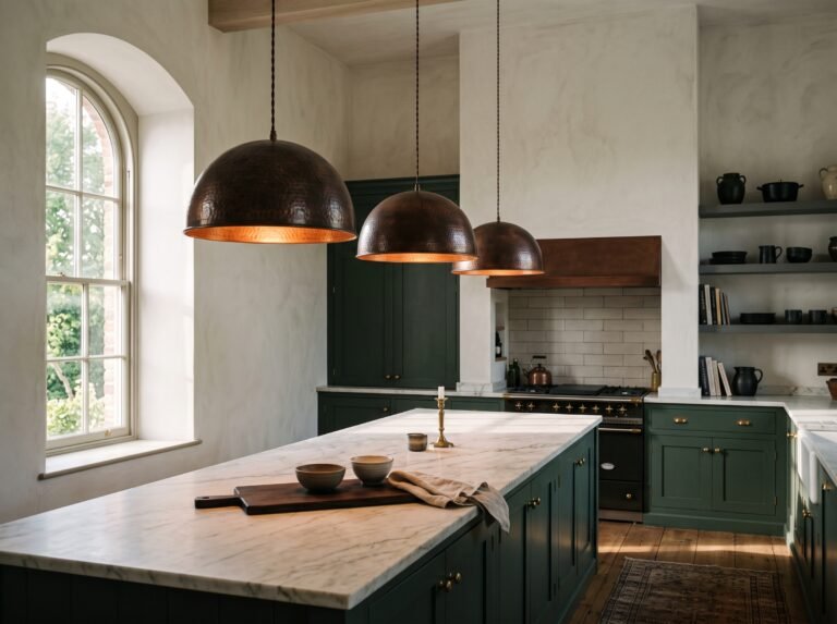 Three hammered copper dome pendant lights in a row over a marble kitchen island