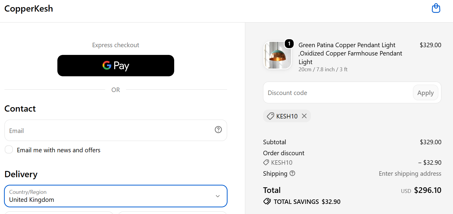 CopperKesh checkout with the code KESH10 applied, taking $32.90 off a $329 copper pendant light